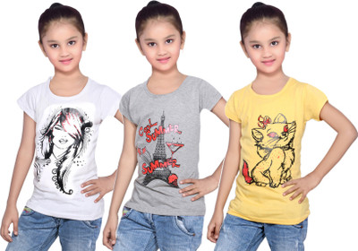 

IndiWeaves Girls Printed Cotton T Shirt(Yellow, Pack of 3, Grey;white;yellow