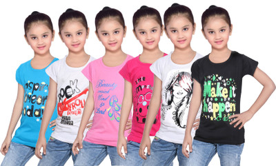 

IndiWeaves Girls Printed Cotton T Shirt(Blue, Pack of 6, Black;blue;pink;white