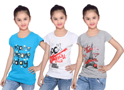 

IndiWeaves Girls Printed Cotton T Shirt(Grey, Pack of 3, Blue;grey;white