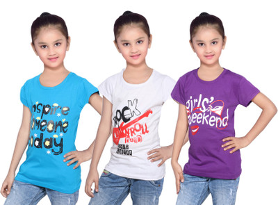

IndiWeaves Girls Printed Cotton T Shirt(Purple, Pack of 3, Blue;purple;white