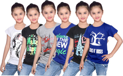 

IndiWeaves Girls Printed Cotton T Shirt(White, Pack of 6, Black;blue;grey;white
