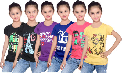 

IndiWeaves Girls Printed Cotton T Shirt(Black, Pack of 6, Black;blue;purple;red;yellow