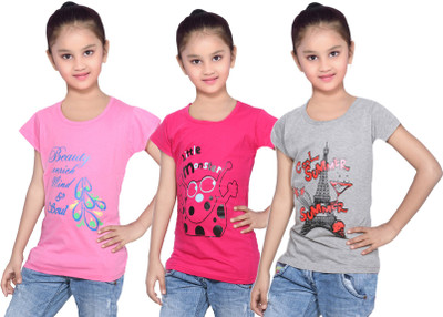 

IndiWeaves Girls Printed Cotton T Shirt(Grey, Pack of 3, Grey;pink