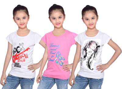 

IndiWeaves Girls Printed Cotton T Shirt(White, Pack of 3, Pink;white