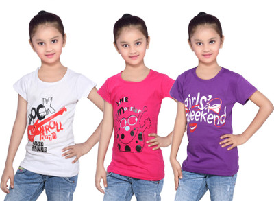 

IndiWeaves Girls Printed Cotton T Shirt(Purple, Pack of 3, Pink;purple;white