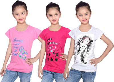

IndiWeaves Girls Printed Cotton T Shirt(White, Pack of 3, Pink;white