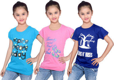 

IndiWeaves Girls Printed Cotton T Shirt(Blue, Pack of 3, Blue;pink