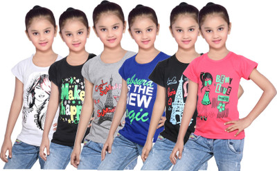 

IndiWeaves Girls Printed Cotton T Shirt(White, Pack of 6, Black;blue;grey;red;white