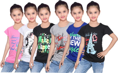 

IndiWeaves Girls Printed Cotton T Shirt(Pink, Pack of 6, Black;blue;grey;pink;white