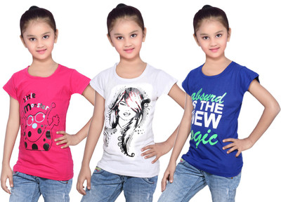 

IndiWeaves Girls Printed Cotton T Shirt(Blue, Pack of 3, Blue;pink;white