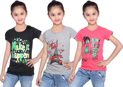 

IndiWeaves Girls Printed Cotton T Shirt(Red, Pack of 3, Black;grey;red