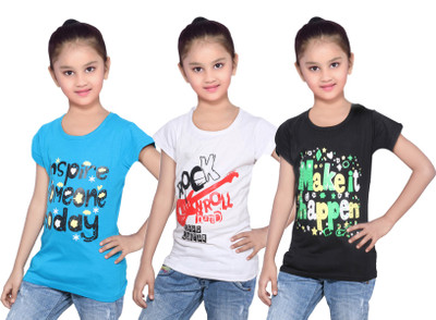

IndiWeaves Girls Printed Cotton T Shirt(Black, Pack of 3, Black;blue;white