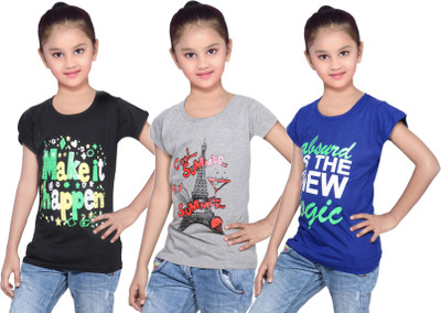 

IndiWeaves Girls Printed Cotton T Shirt(Blue, Pack of 3, Black;blue;grey