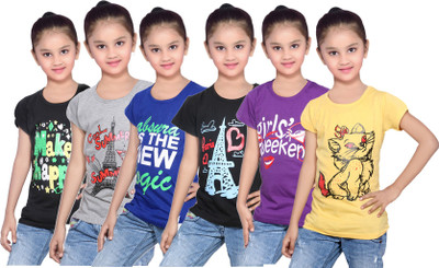 

IndiWeaves Girls Printed Cotton T Shirt(Black, Pack of 6, Black;blue;grey;purple;yellow