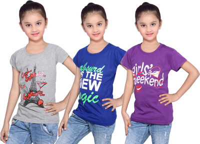 

IndiWeaves Girls Printed Cotton T Shirt(Purple, Pack of 3, Blue;grey;purple