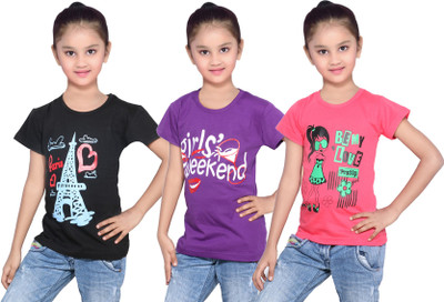 

IndiWeaves Girls Printed Cotton T Shirt(Red, Pack of 3, Black;purple;red