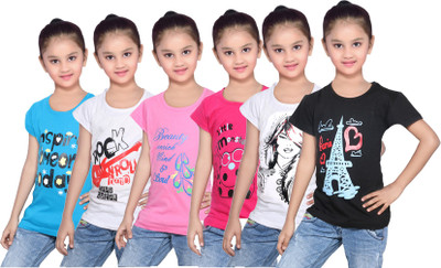 

IndiWeaves Girls Printed Cotton T Shirt(Blue, Pack of 6, Black;blue;pink;white