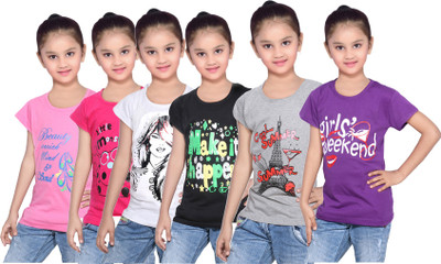

IndiWeaves Girls Printed Cotton T Shirt(Pink, Pack of 6, Black;grey;pink;purple;white
