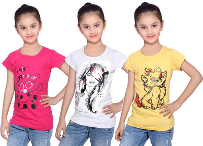

IndiWeaves Girls Printed Cotton T Shirt(Yellow, Pack of 3, Pink;white;yellow