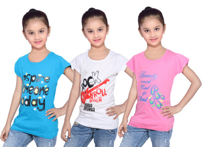 

IndiWeaves Girls Printed Cotton T Shirt(Pink, Pack of 3, Blue;pink;white