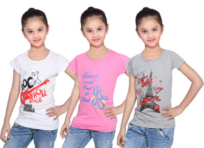 

IndiWeaves Girls Printed Cotton T Shirt(Grey, Pack of 3, Grey;pink;white