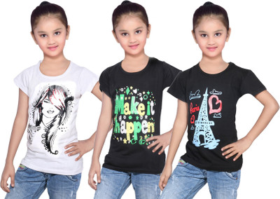 

IndiWeaves Girls Printed Cotton T Shirt(Black, Pack of 3, Black;white