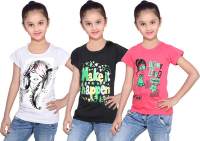 IndiWeaves Girls Printed Cotton T Shirt(Red, Pack of 3, Black;red;white
