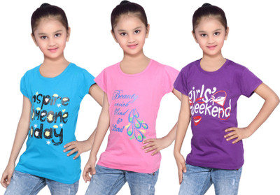 

IndiWeaves Girls Printed Cotton T Shirt(Purple, Pack of 3, Blue;pink;purple