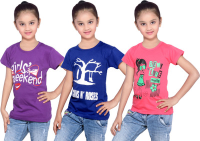 

IndiWeaves Girls Printed Cotton T Shirt(Red, Pack of 3, Blue;purple;red