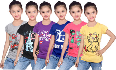 

IndiWeaves Girls Printed Cotton T Shirt(Grey, Pack of 6, Black;blue;grey;purple;red;yellow