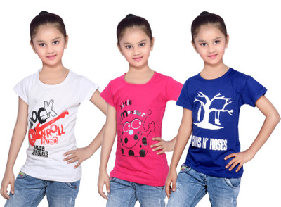 

IndiWeaves Girls Printed Cotton T Shirt(Blue, Pack of 3, Blue;pink;white