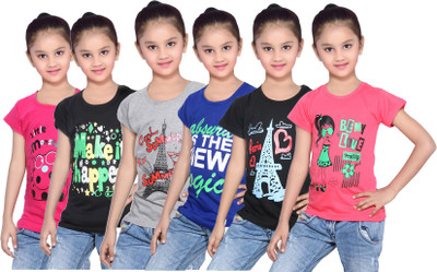 

IndiWeaves Girls Printed Cotton T Shirt(Pink, Pack of 6, Black;blue;grey;pink;red