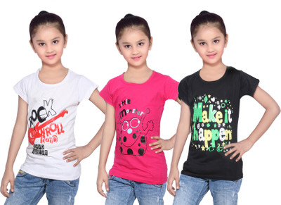 

IndiWeaves Girls Printed Cotton T Shirt(Black, Pack of 3, Black;pink;white