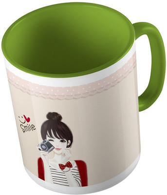 

MiiCreations Printed Two Tone Green And White Beautiful Girl Ceramic Mug(325 ml), Green;white