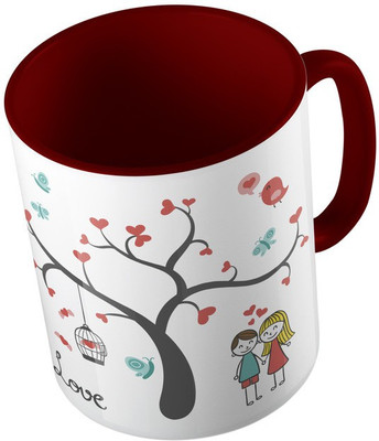 

MiiCreations Printed Two Tone Maroon And White Love Tree Ceramic Mug(325 ml), Maroon;white
