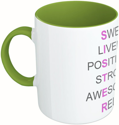

MiiCreations Printed Two Tone Green And White Sweet | Lively| Positive | Strong | Awesome | Reliable Ceramic Mug(325 ml), Green;white
