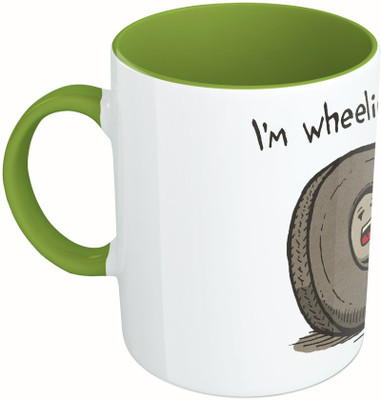 MiiCreations Printed Two Tone Green And White I'm Wheelie Tired Ceramic Mug(325 ml), Green;white