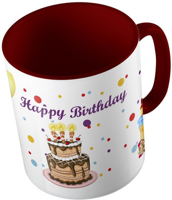 

MiiCreations Printed Two Tone Maroon And White Happy Birthday Ceramic Mug(325 ml), Maroon;white