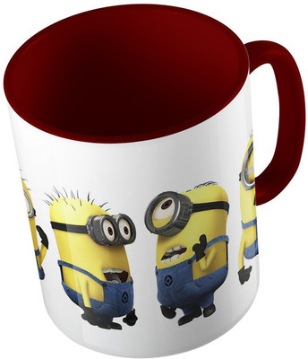 

MiiCreations Printed Two Tone Maroon And White Minions Ceramic Mug(325 ml), Maroon;white