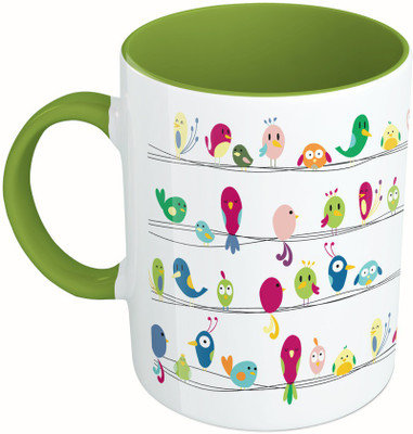 

MiiCreations Printed Two Tone Green And White Birds Pattern Ceramic Mug(325 ml), Green;white