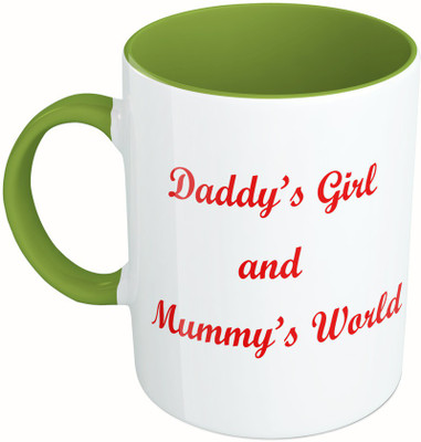 

MiiCreations Printed Two Tone Green And White Daddy's Girl And Mummy's World Ceramic Mug(325 ml), Green;white