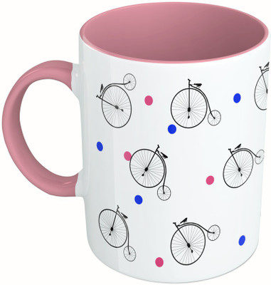 

MiiCreations Printed Two Tone Pink And White Bicycle Pattern Ceramic Mug(325 ml)