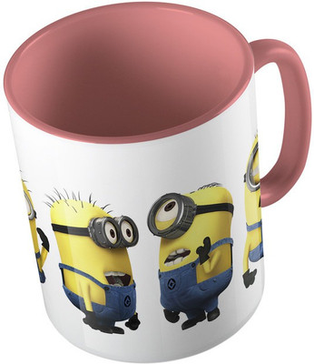 

MiiCreations Printed Two Tone Pink And White Minions Ceramic Mug(325 ml), Pink;white