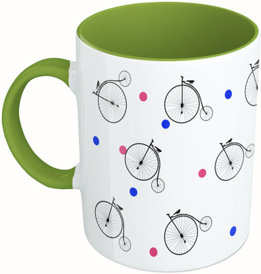 

MiiCreations Printed Two Tone Green And White Bicycle Pattern Ceramic Mug(325 ml), Green;white