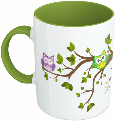 

MiiCreations Printed Two Tone Green And White Owl Design Ceramic Mug(325 ml), Green;white