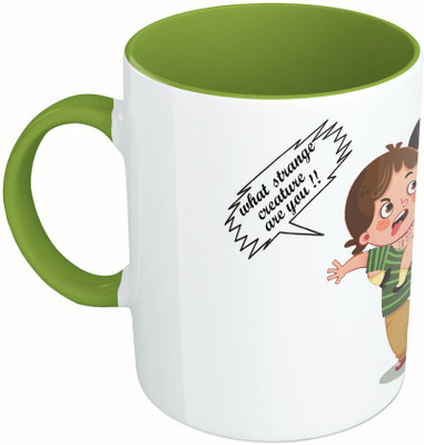 

MiiCreations Printed Two Tone Green And White What Strange Creature Are You!! | You Too Bro…. Ceramic Mug(325 ml), Green;white