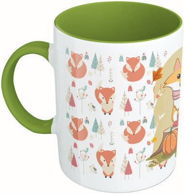 

MiiCreations Printed Two Tone Green And White Fox Design Ceramic Mug(325 ml), Green;white