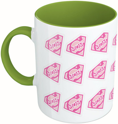 

MiiCreations Printed Two Tone Green And White Super Mom | I Love Mom Ceramic Mug(325 ml), Green;white