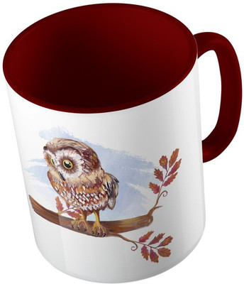 

MiiCreations Printed Two Tone Maroon And White Owl Pattern Ceramic Mug(325 ml), Maroon;white