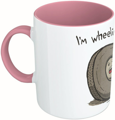 

MiiCreations Printed Two Tone Pink And White I'm Wheelie Tired Ceramic Mug(325 ml)